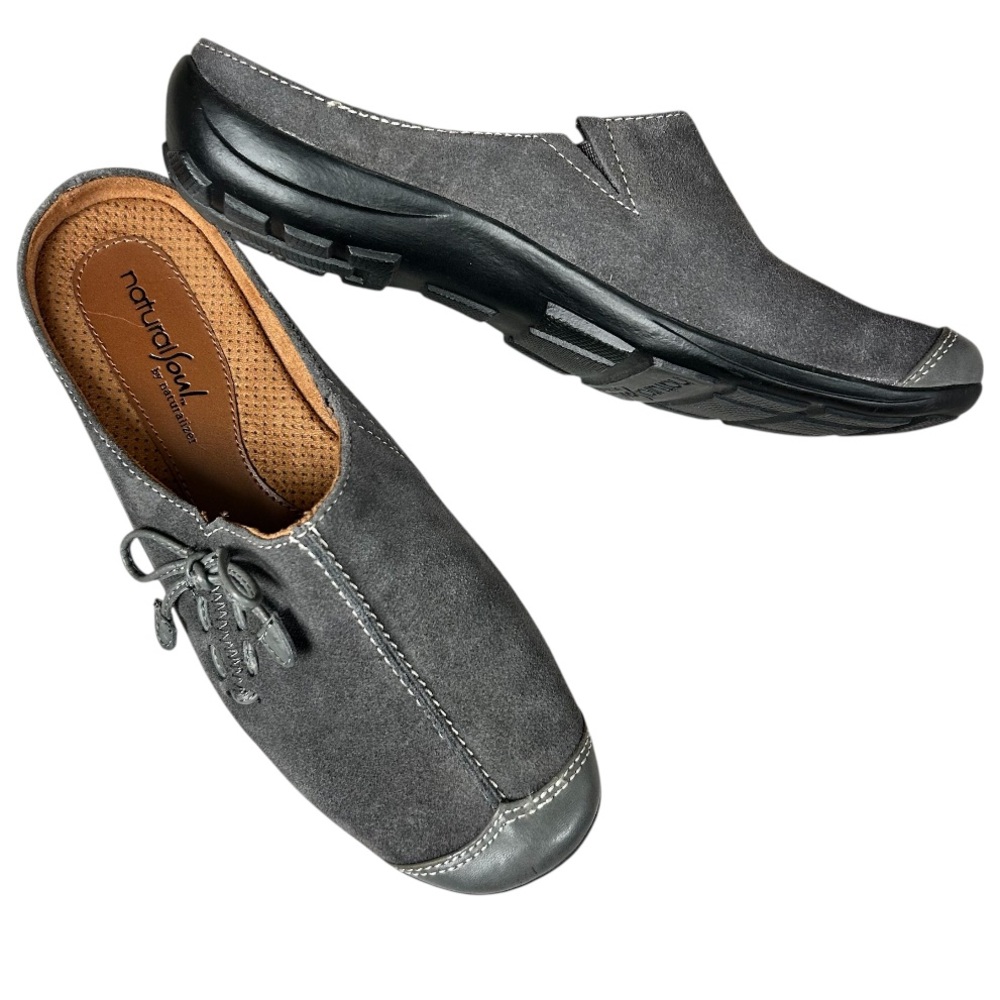 NATURAL SOUL by NATURALIZER Grey Suede Leather Mules Flats Slides Bow Accent 6.5